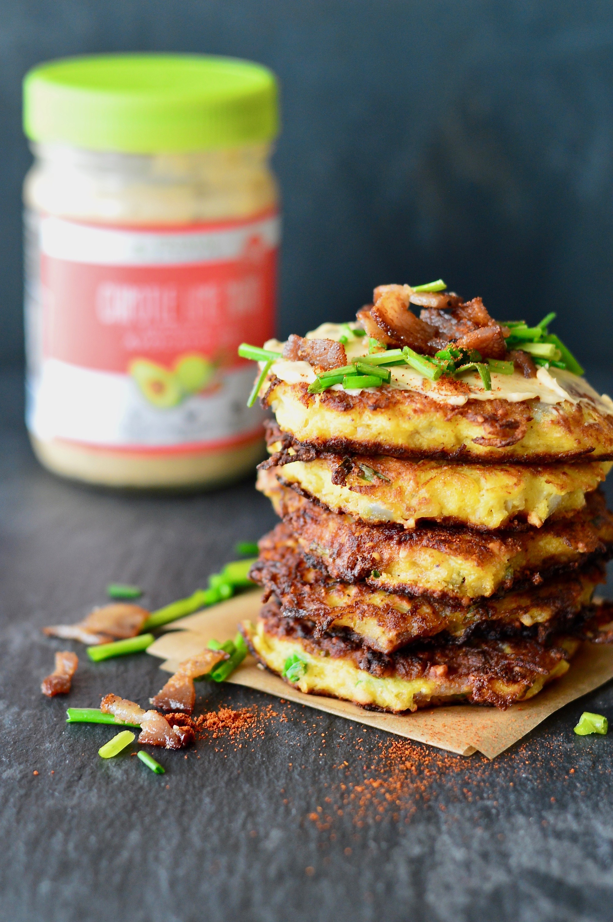 Spaghetti Squash Fritters with Bacon & Chipotle-Lime Mayo