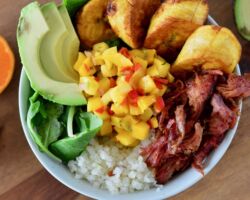 Pulled Pork & Plantain Cauliflower Rice Bowl with Mango Salsa